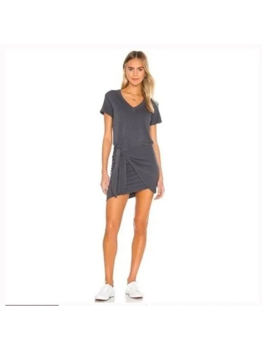 Monrow Revolve Gray V Neck Dress Sz M Short Sleeve Tie Front Casual Chic